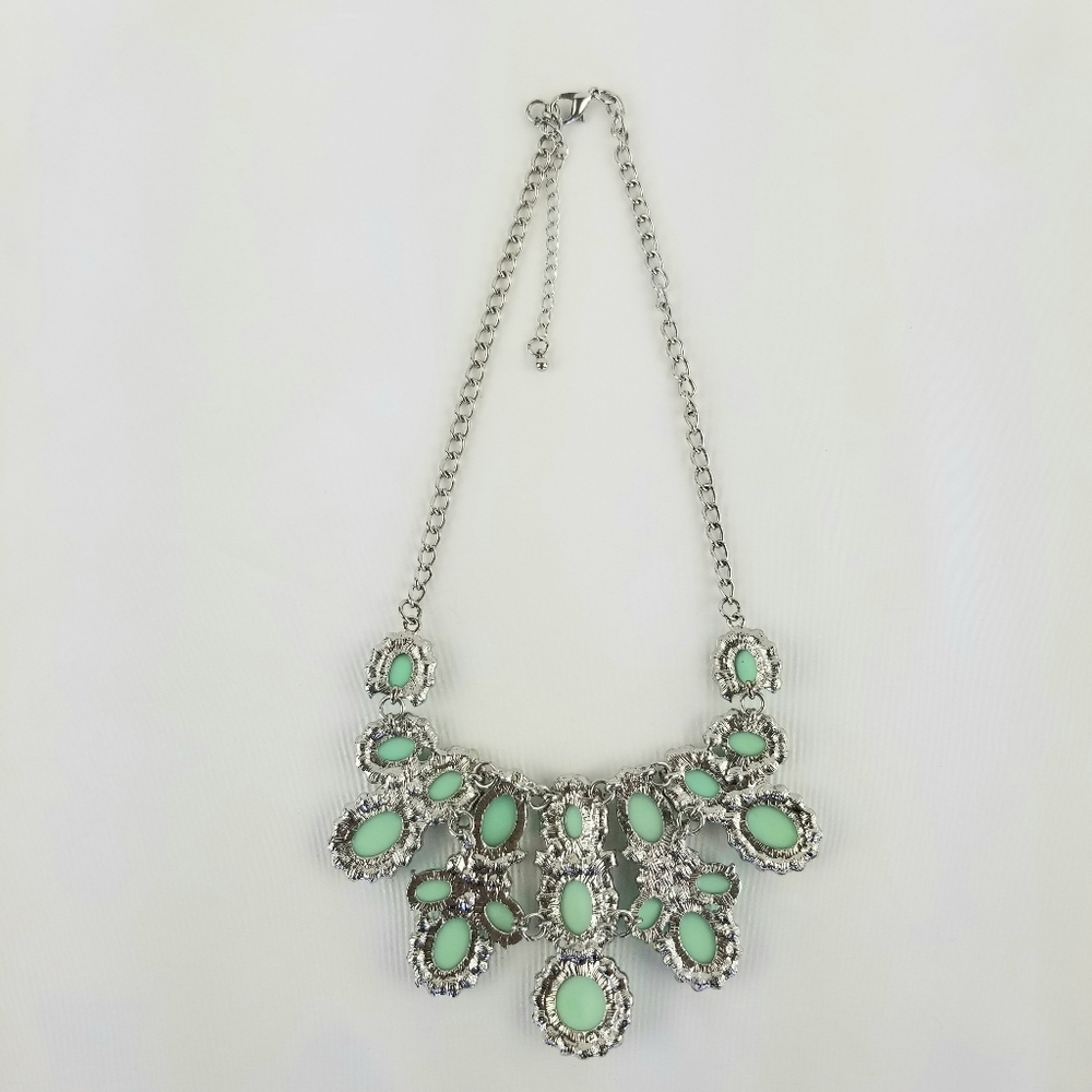 Aqua & Clear Stones Silvertone Bib Necklace - Picture 8 of 12